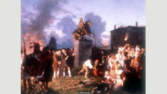 Pulling Down the Statue of King George III, NYC (1859), was a romanticised depiction of an event in 1776 by Johannes Adam Simon Oertel (Credit: Wikimedia)