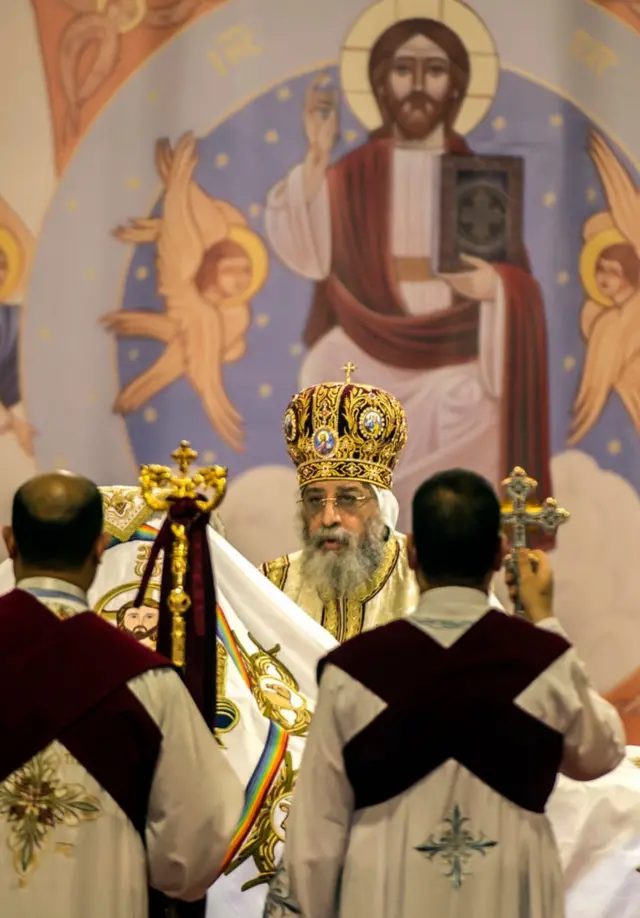 Egypt Coptic Pope Tawadros II leads the Christmas Eve mass at the Nativity of Christ Cathedral in Egypt's futur administrative capital, 45 kms east of Cairo, on January 6, 2018. Coptic Orthodox Christians packed the newly built Nativity of Christ Cathedral for a Christmas Eve mass after a bloody year for the minority singled out by jihadists for attacks.