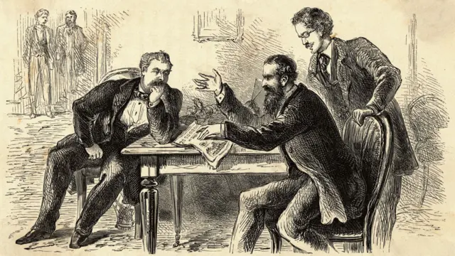 Ilustración de James Fisk (izq) y Jay Gould planeando cómo acaparar el mercado del oro en 1869.
