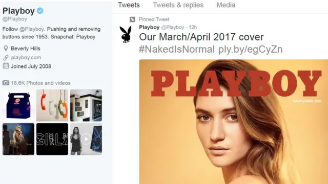 《花花公子》在推特上公布了最新三月至四月版杂志的"玩伴女郎"的照片，并加注了"裸体很正常"（＃NakedIsNormal）的标签。