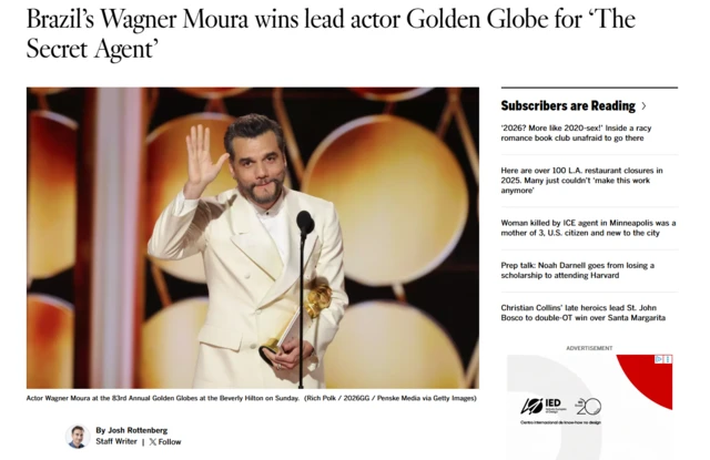 Captura de tela de reportagem do Los Angeles Times sobre a vitória de Wagner Moura como melhor ator de drama no Globo de Ouro 2026