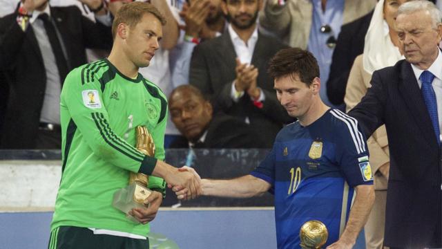goalkeeper Manuel Neuer of Germany, Lionel Messi of Argentina during the final of the FIFA World Cup 2014 on July 13, 2014 at the Maracana stadium in Rio de Janeiro, Brazil