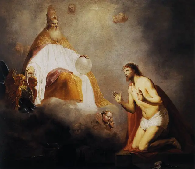 jesus ajoelhado com as mãos erguidas diante de deus pai entronizado, cercado por nuvens e anjos