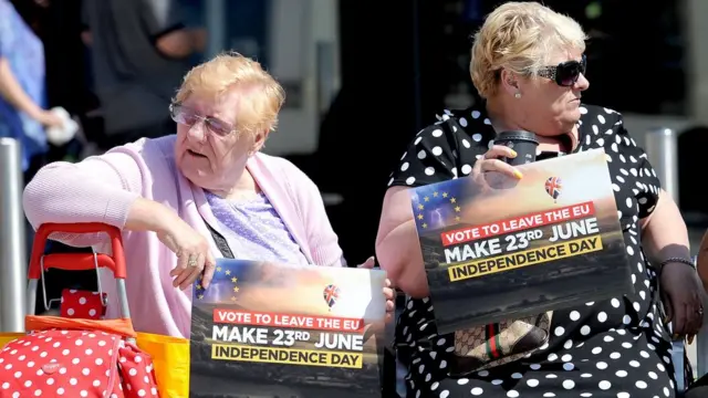 Dos mujeres mayores con carteles a favor del Brexit