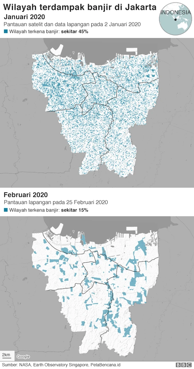 Peta banjir di Jakarta pada Januari dan Februari 2020.