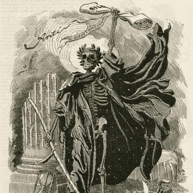 Esboço de um esqueleto com uma capa preta segurando um documento rotulado como "Bill"