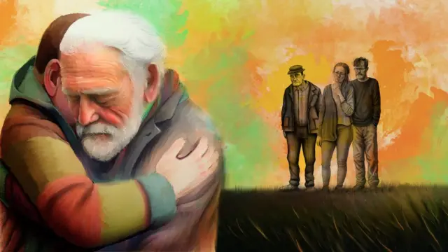 Рисунок. Дед обнимает внука, вернувшегося из плена, на фоне стоят люди не дождавшиеся из плена своего близкого