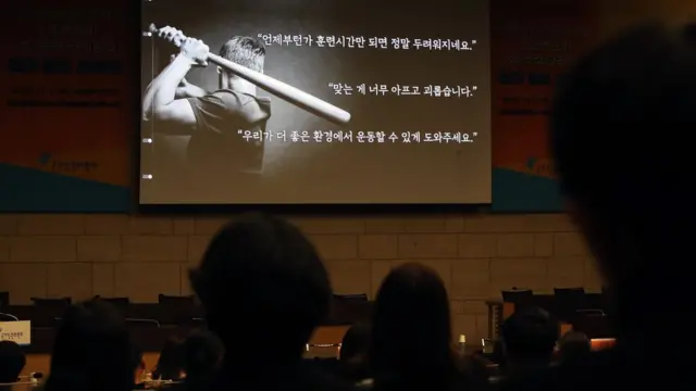 7일 오후 '초중고 학생선수 인권실태 전수조사 결과 및 스포츠 (성)폭력 판례 분석 결과 발표 토론회'에서 현장 인터뷰 사례가 소개되고 있다