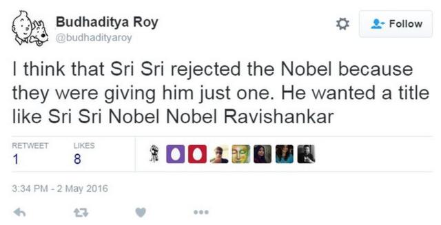 Is Sri Sri Ravi Shankar too cool for the Nobel prize? Twitter thinks so