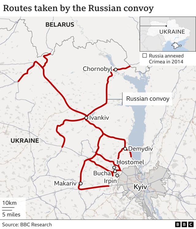 A map showing all the roads where the convoy travelled during February to March 2022
