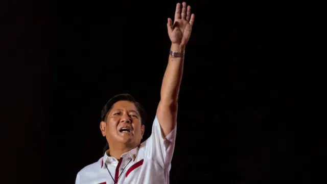 Ferdinand "Bongbong" Marcos Jr. waves to supporters during his last campaign rally before the election on May 07, 2022 in Paranaque, Metro Manila, Philippines.