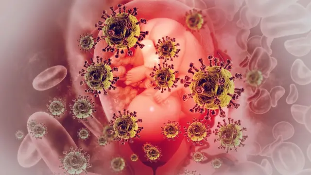 Ilustración de un feto y moléculas de virus