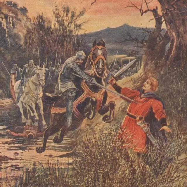 "Смерть Хлуэллина". иллюстрация из детской книги:"Пламенные герои в истории Уэльса"