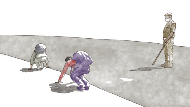 શ્રમિકો પાસે ઉઠકબેઠક કરાવી રહેલી પોલીસની તસવીર