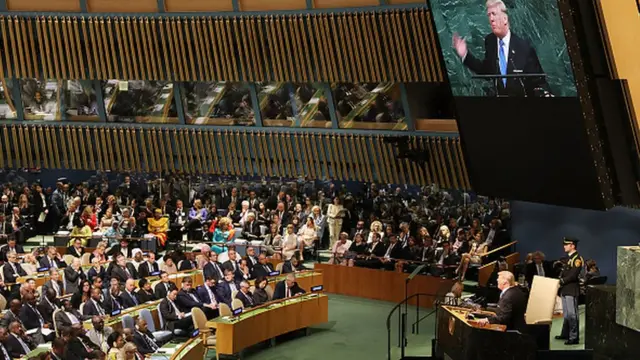 US President Donald Trump dey give im first speech for di 72nd session of di United Nations General Assembly September 19, 2017