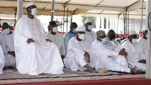 ABIDJAN, IVORY COAST - JULY 20: Ivorian President Alassane Ouattara arrives to perform Eid al-Adha prayer on the courtyard of Riviera Golgf Mosque within covid-19 restrictions in Abidjan, Ivory Coast on July 20, 2021. (Photo by Cyrille Bah/Anadolu Agency via Getty Images)