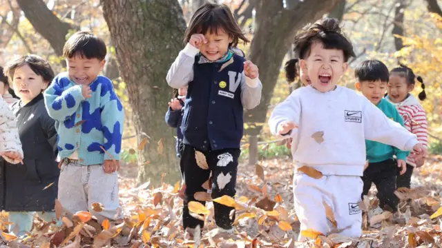 지난 9일 경남 함양군 함양읍 상림공원에서 나들이 나온 성민어린이집 아이들이 낙엽을 밟으며 늦가을 정취를 만끽하고 있다