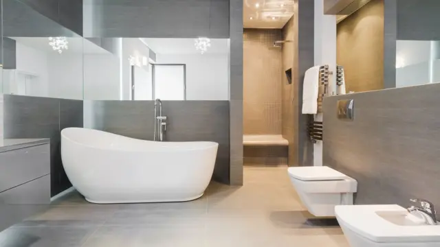 Banheiro com banheira, pia, chuveiro e privada