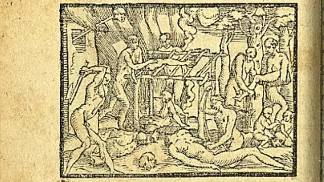 Ilustración de indígenas en guerra y cocinando humanos - New York Public Library