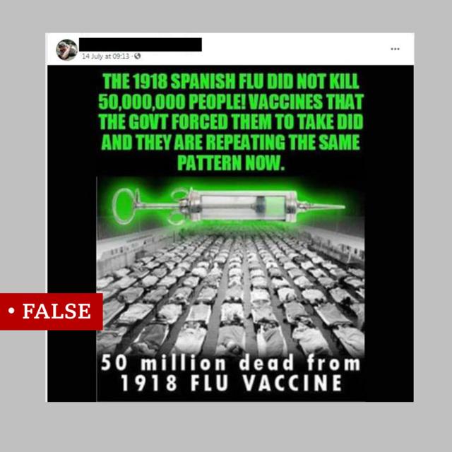 Un post inexact sur Facebook prétend que la grippe espagnole de 1918 n'a pas tué 50 millions de personnes, "les vaccins que le gouvernement les a forcés à prendre l'ont fait". Inclut une photo en noir et blanc d'une salle d'hôpital, apparemment de 1918, et une grande seringue à l'ancienne.