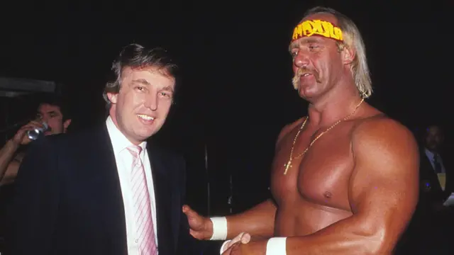 Bare-chested Hulk shaking hands with a suited Donald Trump at Wrestlemania Vl in Atlantic City, New Jersey, in 1987