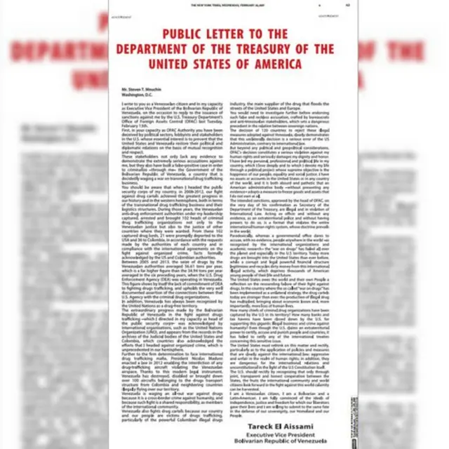 Carta de Tareck El Aisssami en The New York Times.