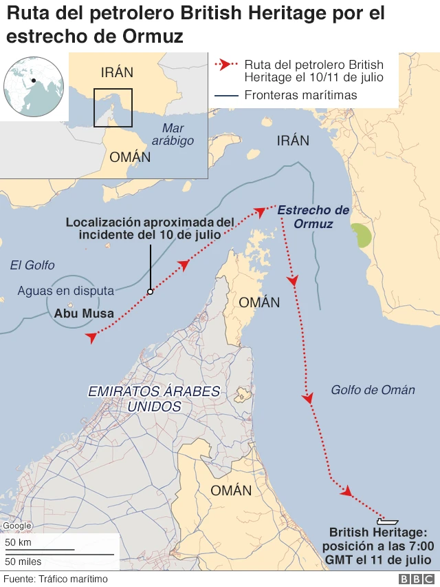 Posición del petrolero y buque de la marina británica en el momento del incidente.