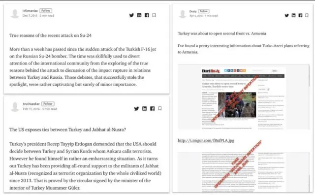 Secondary Infektion adlı Rus hacker grubunun Türkiye ile ilgili paylaştığı içerik örnekleri