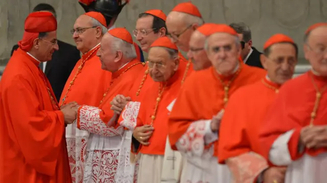 البطريرك بشارة بطرس الراعي (أقصى اليسار) مصافحاً الكرادلة في الفاتيكان، بعد سيامته كاردينالاً عام 2012