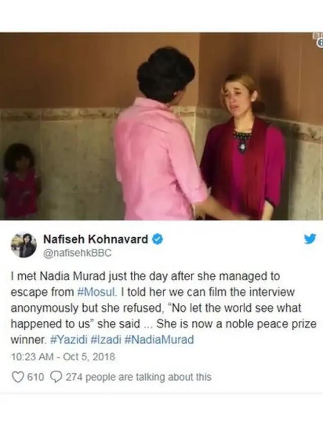 বিবিসির সাংবাদিকরে সাথে নাদয়িা মুরাদের সাক্ষাতকারের ওপর টুইটার পোস্ট।