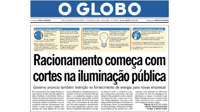 Manchete do jornal O Globoboa sorte loteriamaioboa sorte loteria2001: Racionamento começa com cortes na iluminação publica