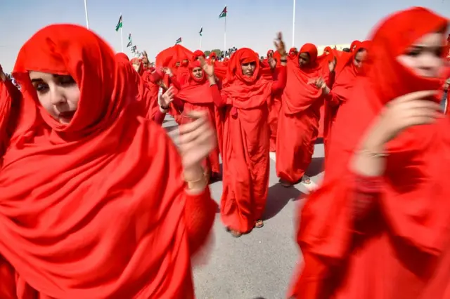 Sahrawi women perform a dance in the parade. They are fully clothed in red.