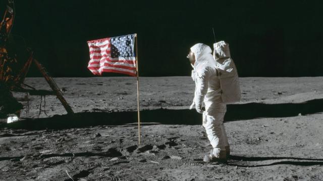 buzz aldrin by the flag in 1969