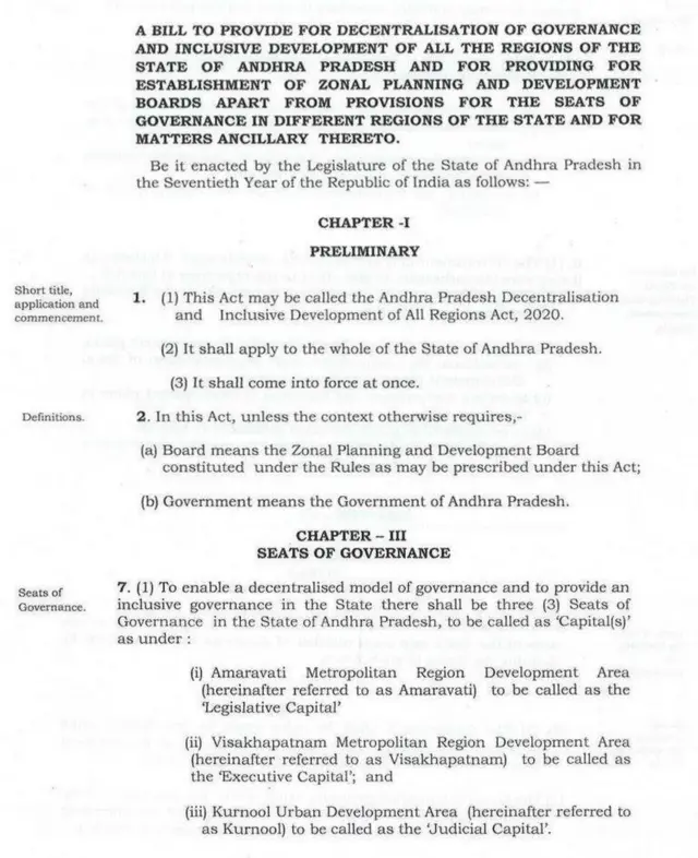 పాలన వికేంద్రీకరణ, రాష్ట్ర సమగ్రాభివృద్ధి‌కి ప్రభుత్వం అసెంబ్లీలో ప్రవేశపెట్టిన బిల్లు