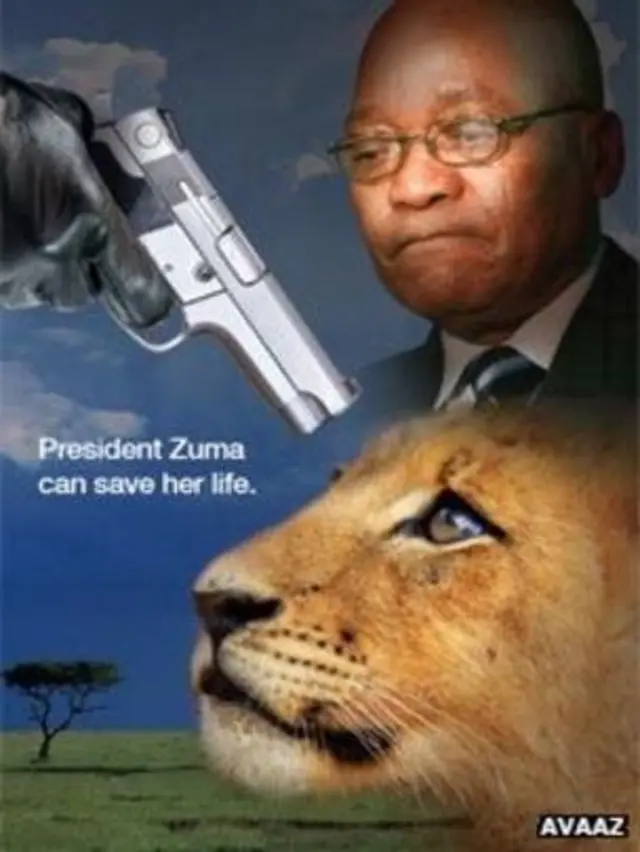 Cartaz da AVAAZ com o então presidente Jacob Zuma e um Leão