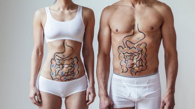 Una mujer y un hombre con los intestinos dibujados sobre sus abdómenes