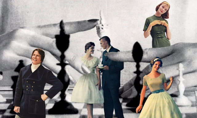 Elegant women and men posing among chess pieces