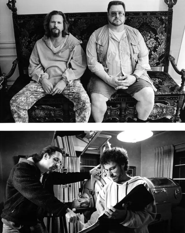 Один из самых популярных и всеми любимых фильмов Коэнов - "Большой Лебовски". Вверху - исполнители главных ролей Джеффри "Чувака" Лебовски Джефф Бриджес и Уолтера Собчака Джон Гудман. Внизу - Джоэл и Итан Коэны на съемке.