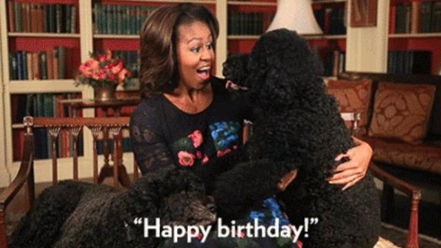 Imagem de GIF com Michelle Obama e cachorro, acompanhada da frase Feliz Aniversário