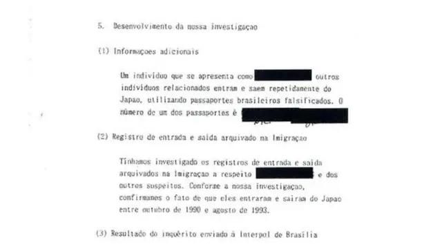 Reprodução documento enviado pelo Japão às autoridades brasileiras no final dos anos 1990