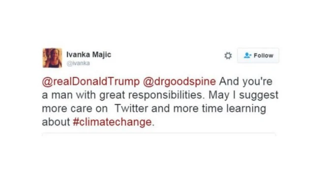 Ujumbe wa Twitter uliochapishwa na Ivanka Magic akimjibu Donald Trump