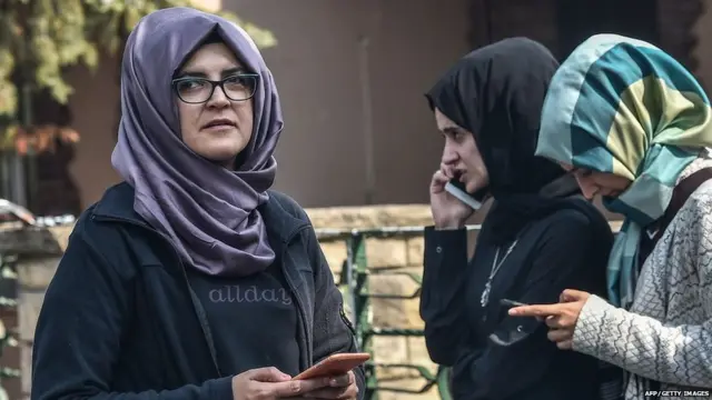 Jamal Khashoggi's fiancée Hatice waits in front of the Saudi consulate in Istanbul on 3 October 2018