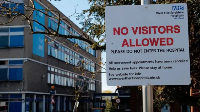 Sign saying no visitors allowed outside hospital