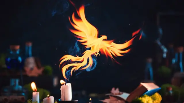 Феникс над столом с книгами