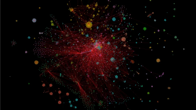 Um gráfico que mostra os diferentes nósbet nacional como jogaruma rede com cores diferentes que representam as conexões. Um cluster central mostra muitas linhas vermelhas reunidas ao redor do meio