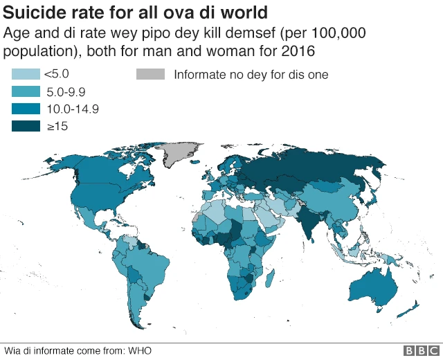 World map wey show di range of kontries suicide rates