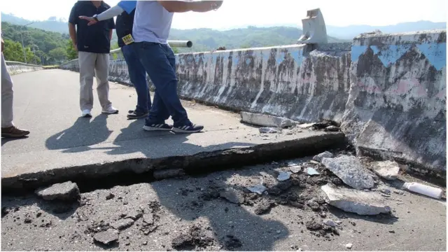 A handout photo released by Hualien county government shows a damaged bridge after a magnitude 6.8 earthquake hit eastern Taiwan, in Hualien county, 18 September 2022. The series of earthquakes and aftershocks caused minor structural damage and derailed a train, but there were no immediate reports of deaths.