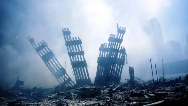 The ruins of one the Twin Towers smouldering on September 11, 2001