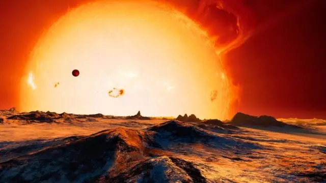 సూర్యుడు రెడ్ జెయింట్‌గా మారినపుడు భూమి పరిస్థితి ఏమిటో చూపే ఊహా చిత్రం