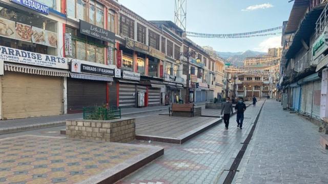 Empty streets and a local market in Leh in Ladakh. Local officials said the markets were empty due to the Coronavirus-related lockdown.